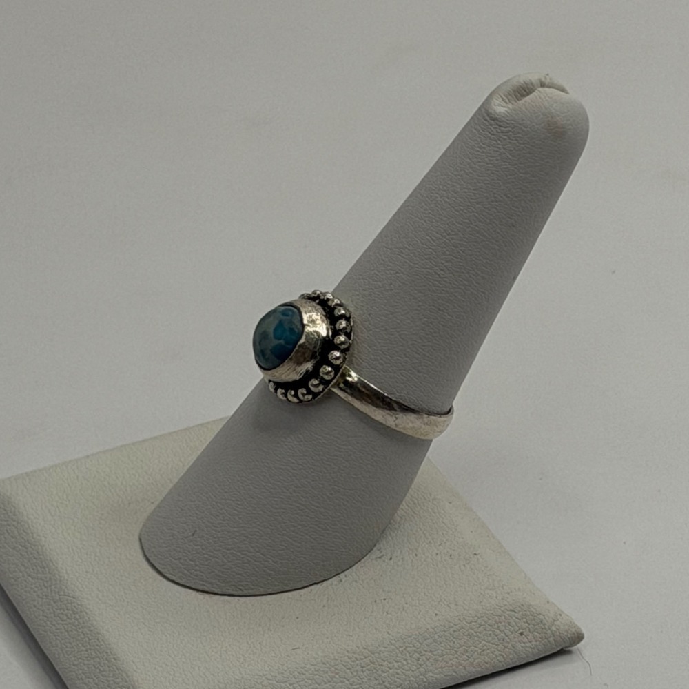 Silver Tone Larimer Round Beaded Halo Ring Size 8 Blue Gemstone Boho Minimalist - Picture 3 of 6